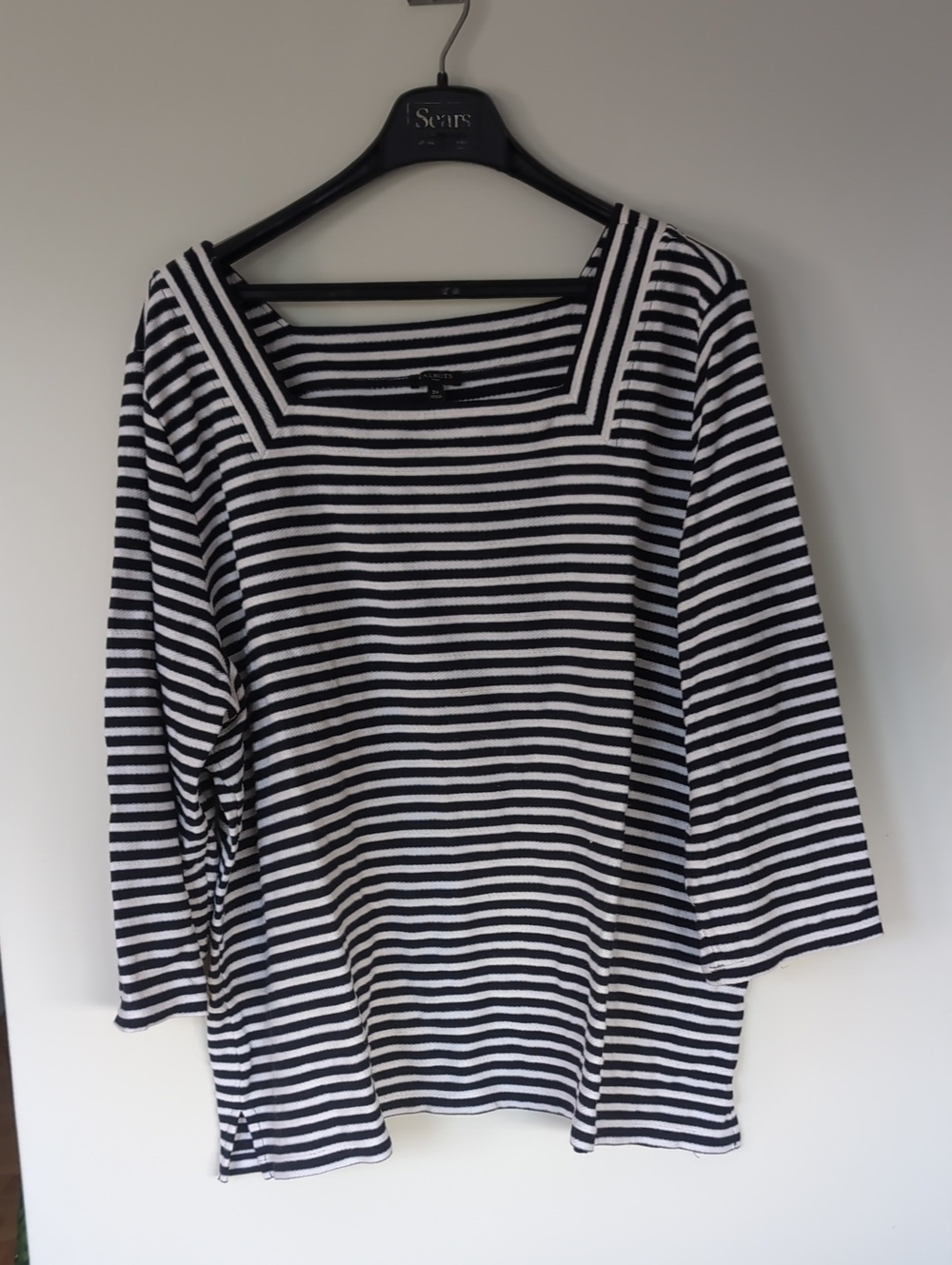 Talbots Black and White Striped Square-Neck Mid-Long Sleeve Top
